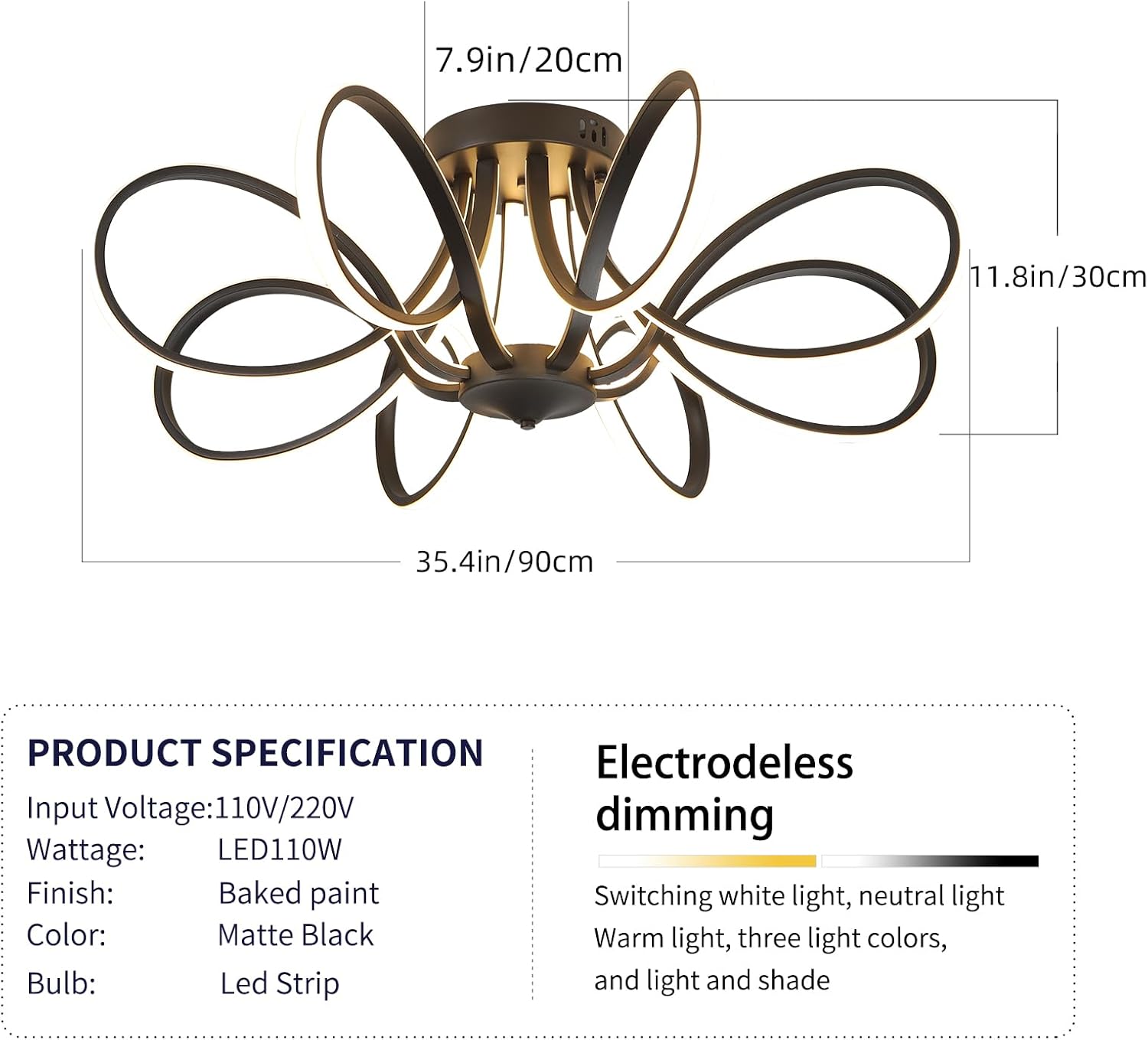 Chrome/Black LED Ceiling Light with Remote Control, Dimmable Lustre with 3 Color Temperature,6 Lights Chandelier for Dining Room (Black-Ceiling-YF2805, Dia 35.4*H11.8 inch)