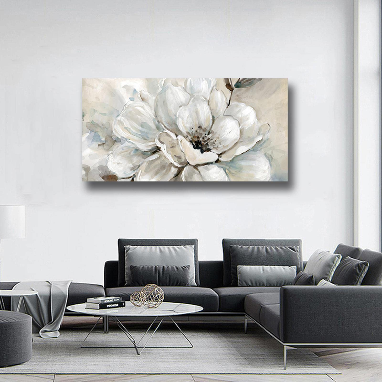 JINQIN Cuadros flores para sala de estar. Imagen de decoración abstracta. Tinta blanca peonía-impresión sobre lienzo. Pintura de lienzo enmarcado para lienzo envuelto en pared 50x100cm