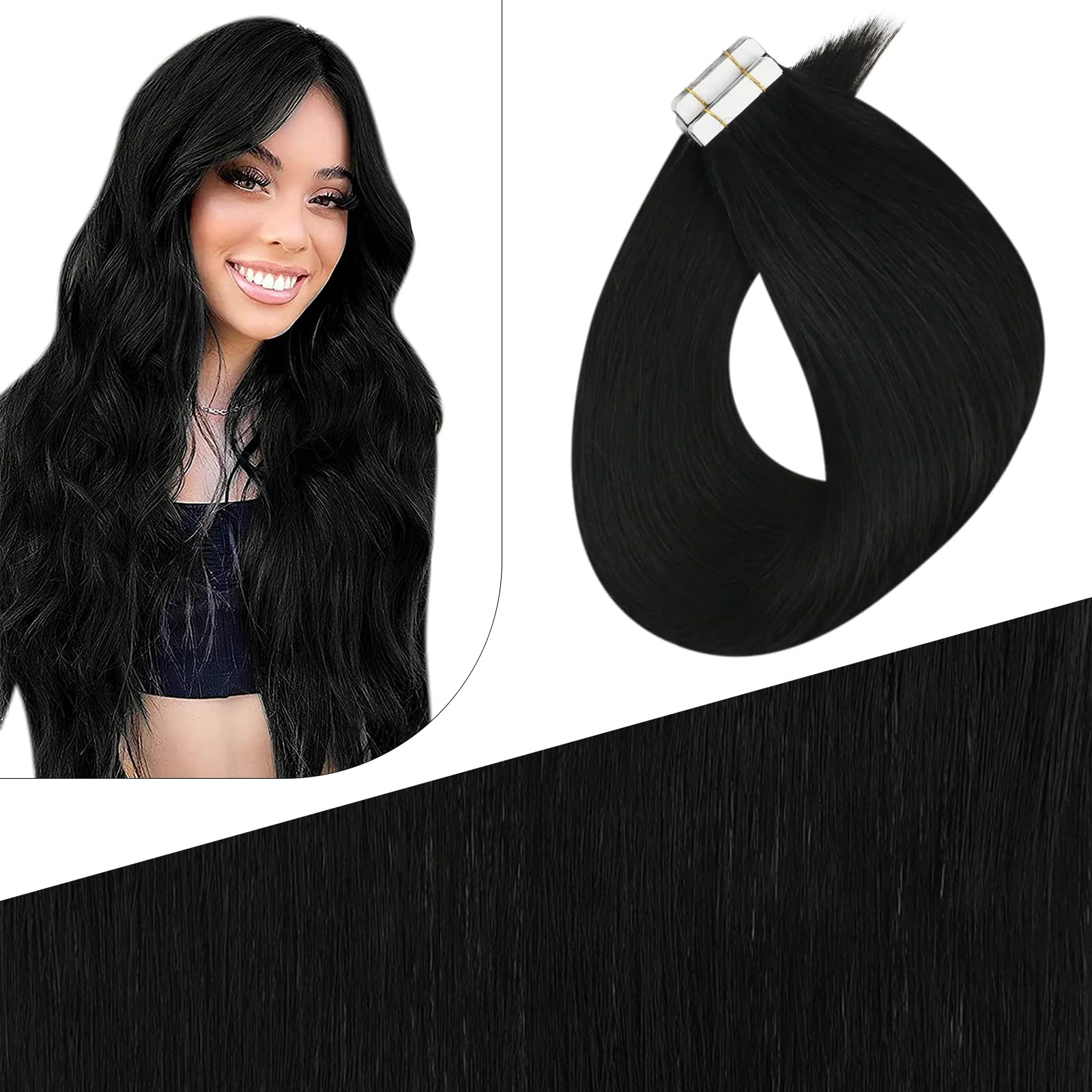 Fshine Invisible Tape Extensions Echthaar, Natural Black, 12.5 g 12.5 g 5 Stücke, Nahtlos und unsichtbar, Farbe 1B
