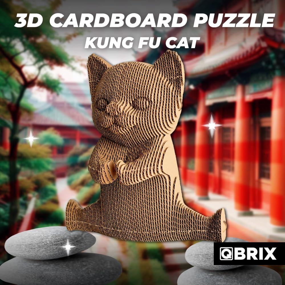 QBRIX Kung Fu Cat 3D Puzzles for Adults, 3D Model Kit for Teens, DIY Crafts for Home Decor, Original Gift for Boys&Girls 14+, Cardboard Model Building Kit