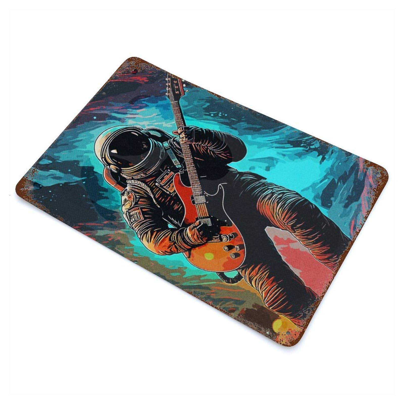 Vintage Rust Metal Sign with Guitarist Astronaut Design 11.8"x7.9", for Shed, Workshop And Garage Wall Decor, Classic Wall Plaque