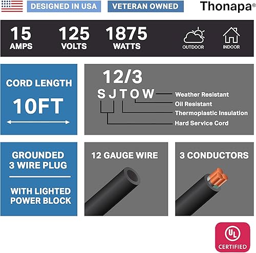 Miniatura 24 de SJTW - Cable de extensión iluminado para exteriores de 3 tomas de corriente, calibre 12, 15 amperios, cable de extensión de alimentación resistente