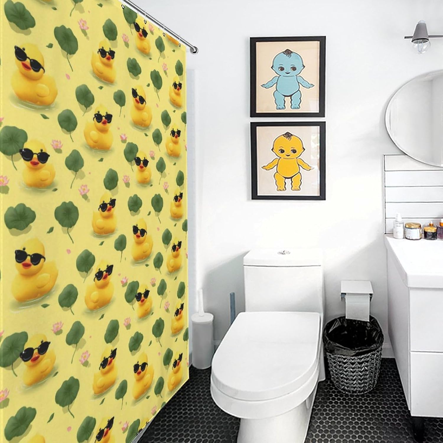 Rubber Duck Eyesglasses Shower Curtain 46.85x70.87Inch（119x180cm） Polyester Bath Curtain Shower Curtains Printed Decorative