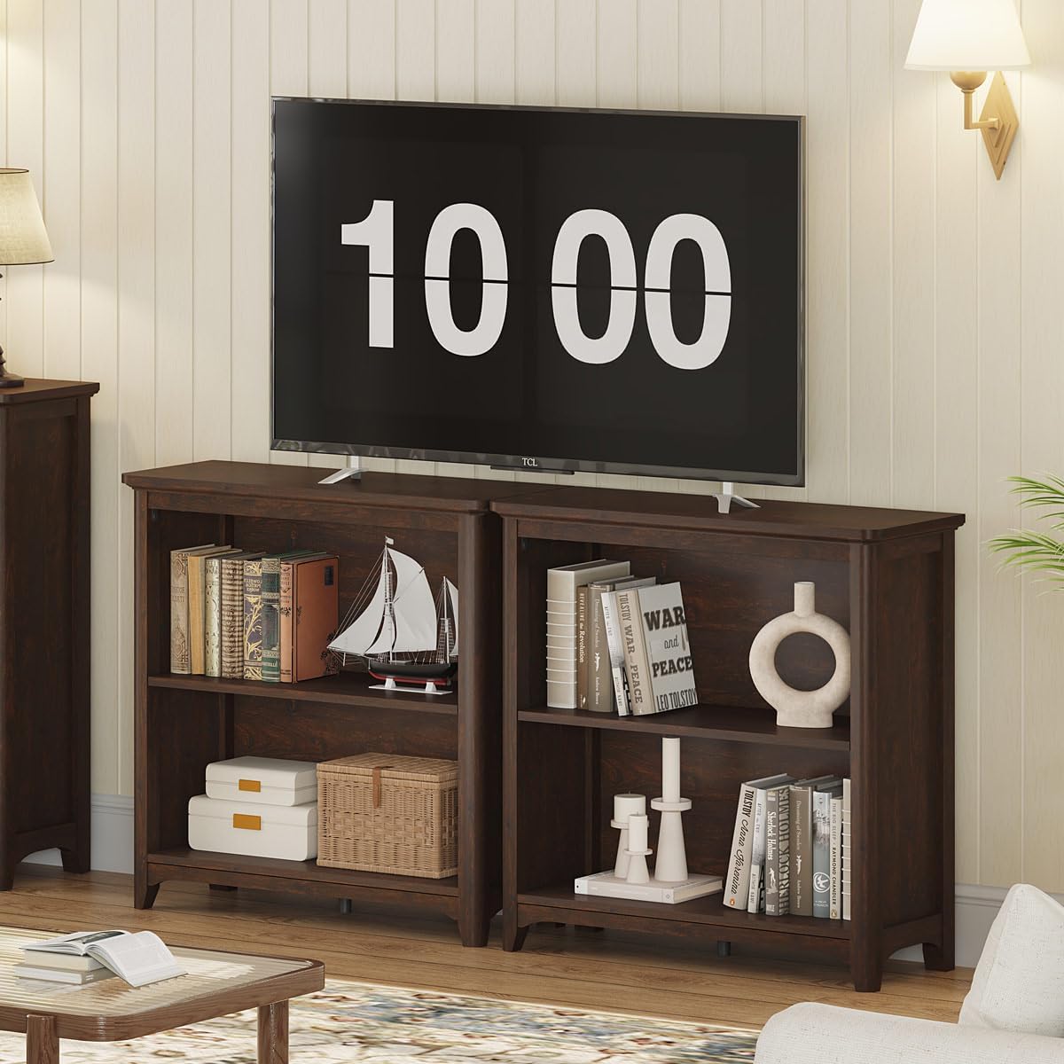 BON AUGURE Wooden Bookshelf Bookcase, 2-Tier Compact Wood Book Shelf with Adjustable Display Storage Shelves, Floor Standing Book Case for Living Room, Office, Brown Cherry