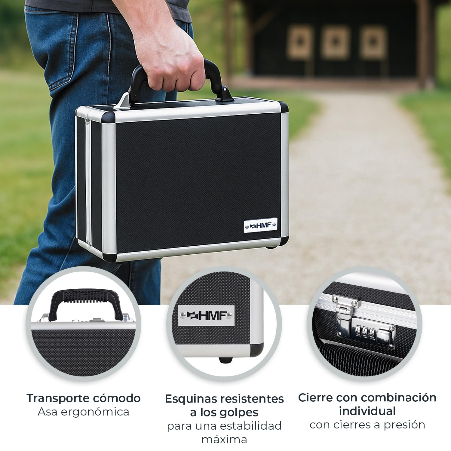 HMF 14401-02 Maleta de Aluminio para Pistolas con Cerradura de Combinación | 31 x 26 x 11 cm | Negro