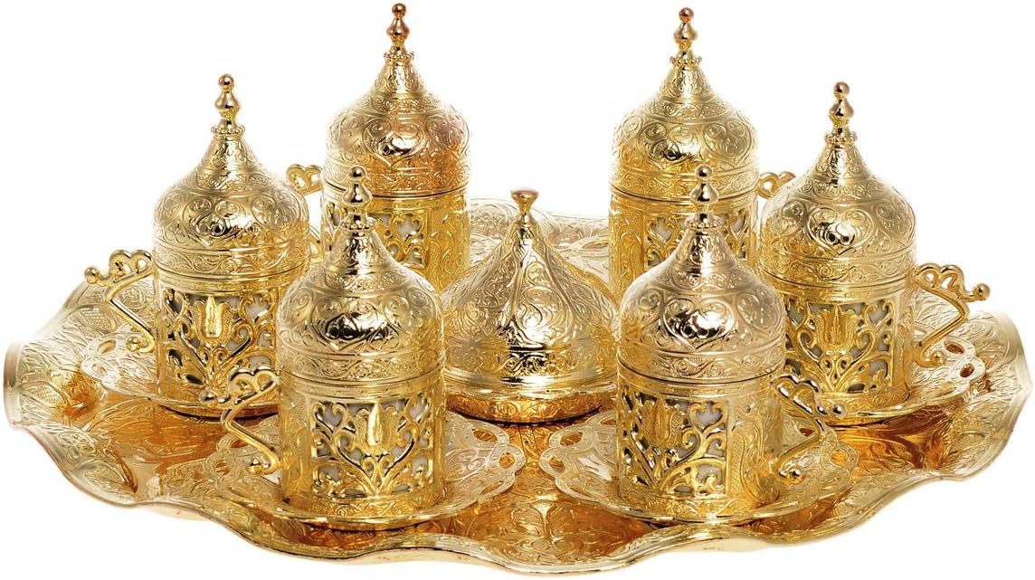 Alisveristime 6-Piece Set Turkish Espresso Coffee Cups with Saucer, Lid, Traditional Ottoman Tulip Motif (Multiple Color Variations) (Lale) (Gold)