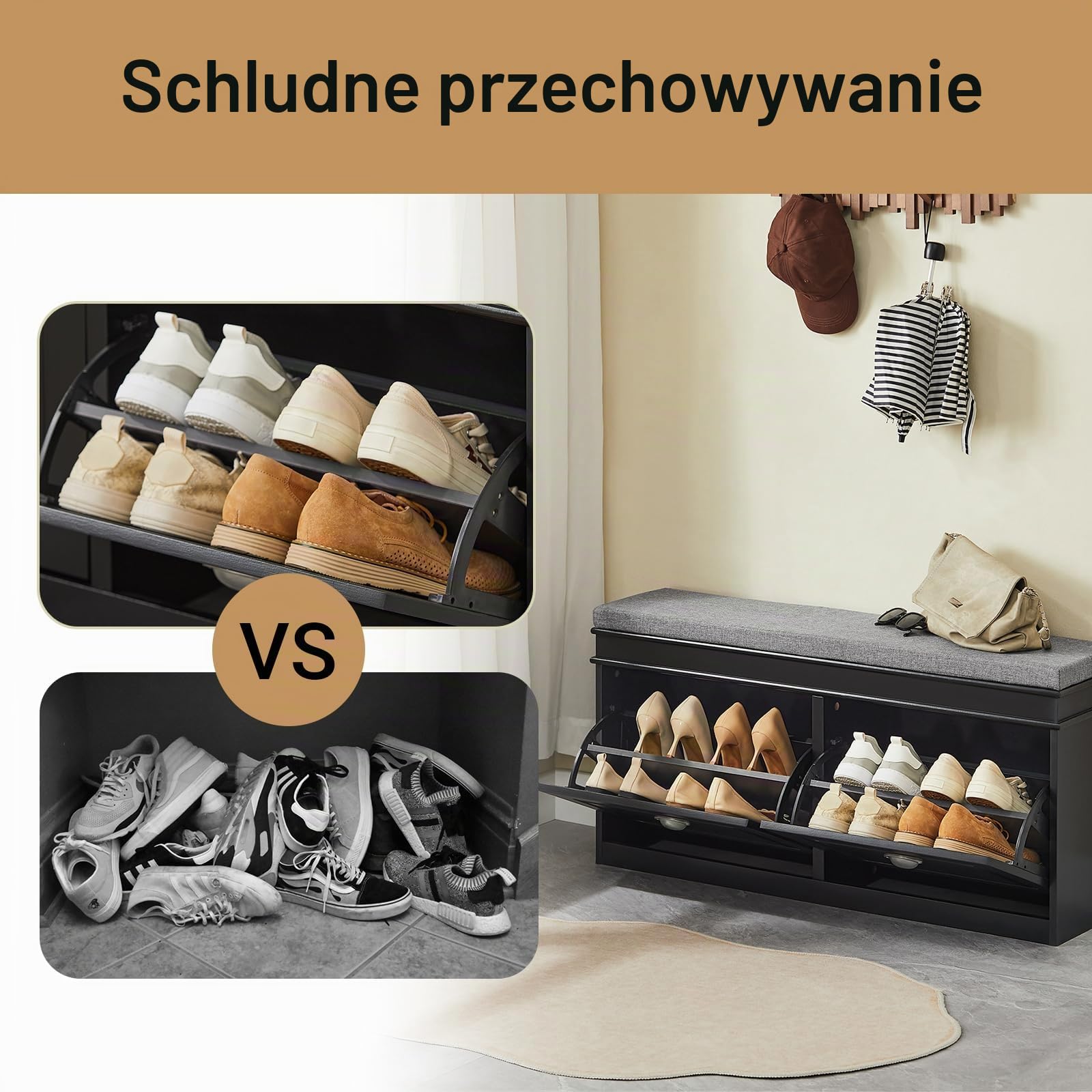 SoBuy Ławka na buty 2 drzwi Ławka do siedzenia Biały z siedziskiem,Czarny Wymiary: 104 x 52 x 24 cm FSR64-SCH