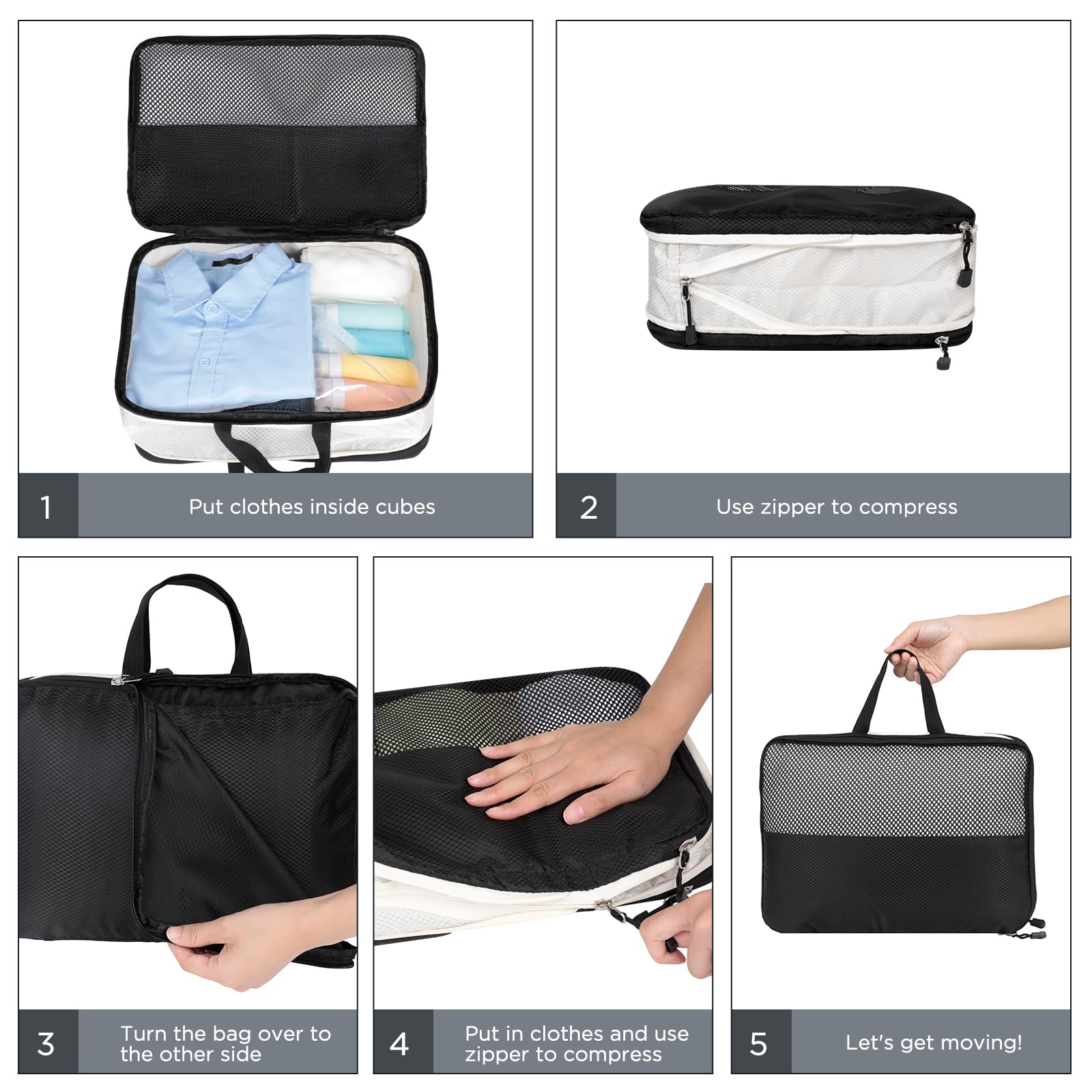AiQInu Organizer Valigia 4 Pezzi Set, Compressione Packing Cube Salvaspazio Espandibile Ultraleggero Viaggio Organizer per i Vestiti,Scarpe,Intimo Set da Viaggio per Zaini o Bagagli a Mano
