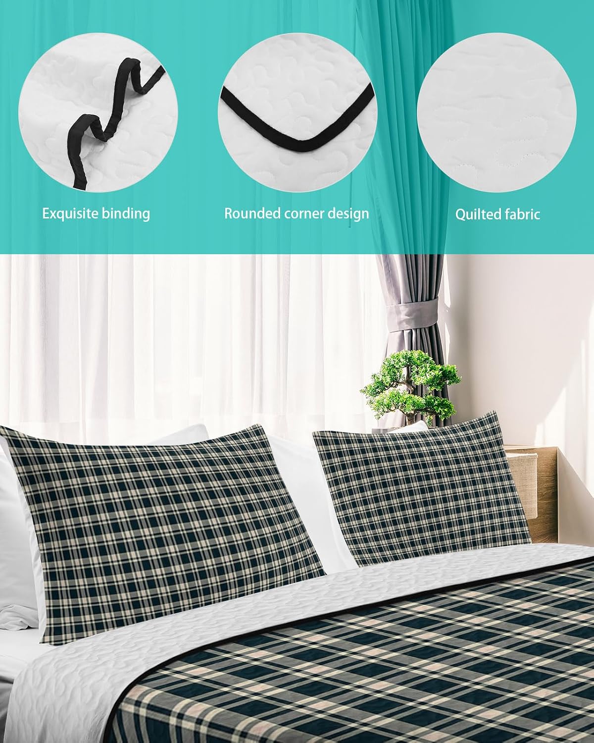 King Size Quilt Set, Black Beige Buffalo Plaid Lightweight Bedspread Coverlet Set Soft Microfiber Summer Quilt with 2 Pillow Shams, Retro Geometric Style 3 Piece Comforter Bedding Set