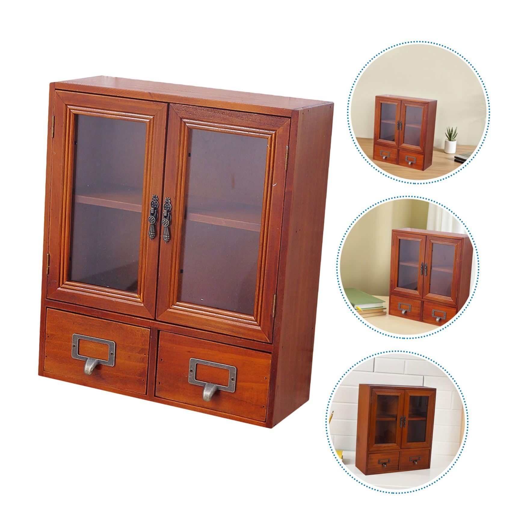Holzschrank mit Glastüren und 2 Schubladen, Vintage Apothekerregal zur Küchenorganisation und Stauraumgestaltung