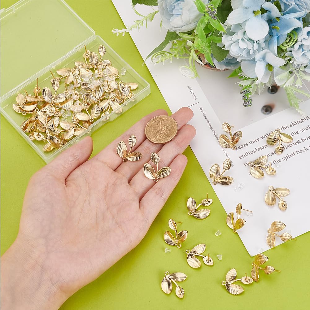 40Pcs Alloy Earring Findings with 80Pcs Plastic Ear Nuts Leaf Earring Posts Findings Light Gold Earrings with Horizontal Loops Women Earstud Post Leaf Pad for Earrings Accessories