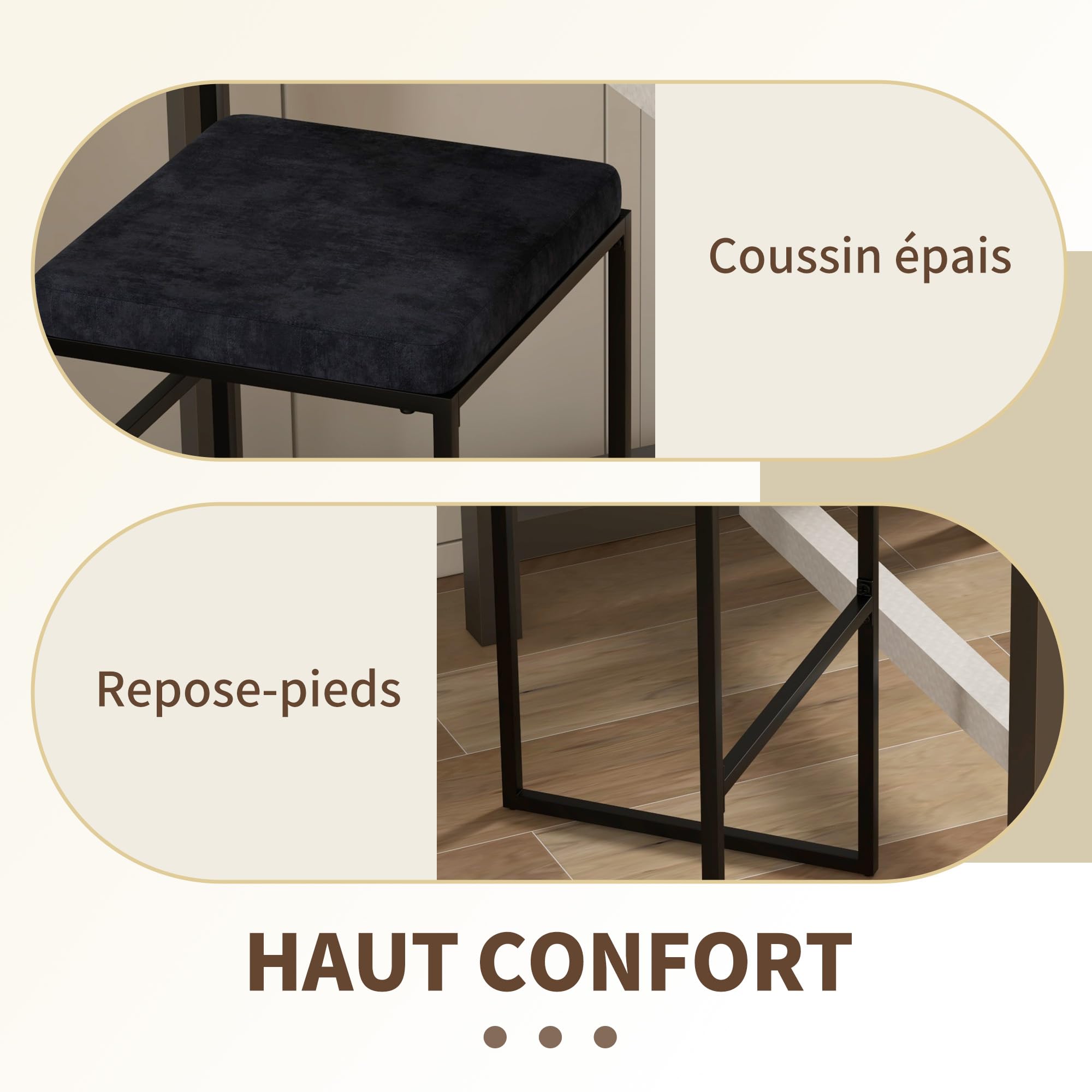 HOMCOM Lot de 2 Chaises Hautes, Chaises de Bar, 74H cm, Noir