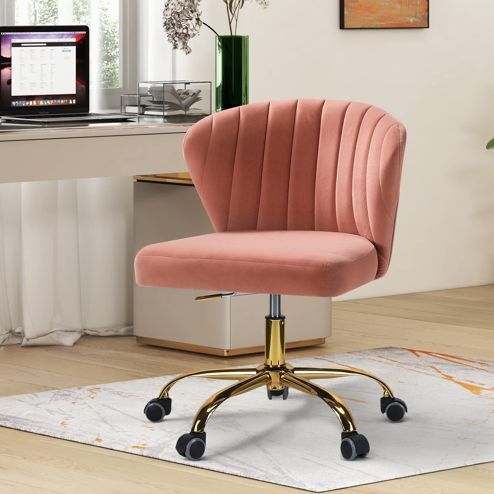 Silla de Oficina Moderna, Silla ergonómica, Silla de Oficina de Terciopelo, Silla giratoria con Respaldo bajo Ajustable, para Sala de Estar,Rosa