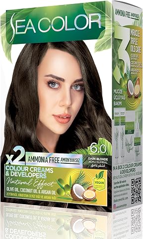 SEA COLOR Amonyaksız, Vegan, Doğal, Besleyici Kalıcı Saç Boyası%100 Beyaz Kapama (1 PAKET 2 x 50 ml Boya & OKSİDAN) (Koyu Kumral 6.0)