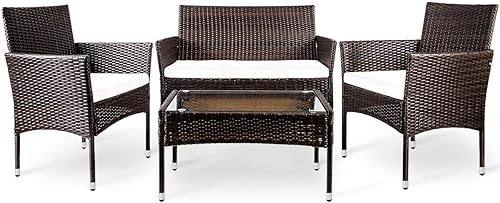 STARTOGOO Juego de 4 piezas de muebles de patio al aire libre de ratán, sofá de mimbre, juego de conversación de jardín con cojín suave y mesa de