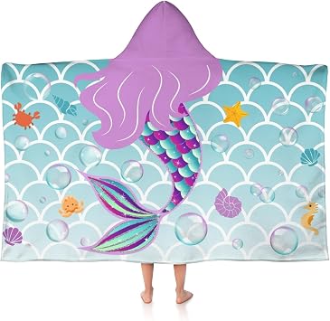Mermaid Hooded Towels for Kids 30" x 50" Soft Absorbent Toddler Beach Towel for Swim Pool Wearable Bath Poncho Wrap for Girls Toddlers Children 3-12 Years