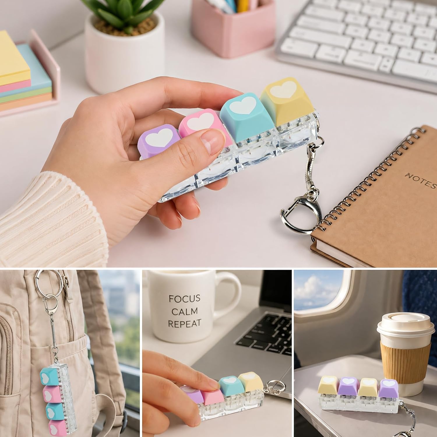 3 Pack ADHD Awareness Month Gifts for Students Keyboard Fidget Toy Keychain, Kawaii Heart Keycap Clicker with Silent & Clicky Modes PBT Love-Heart Keys Supplies for Teens Teachers image 5