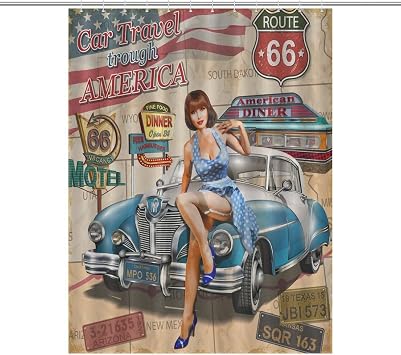 Vintage Car Shower Curtain, Retro Route 66 Old Classic Car Theme Art Printed Shower Curtain Sets for Bathroom Fabric Bath Curtain 12 Hook 55x72Inch140x183cm