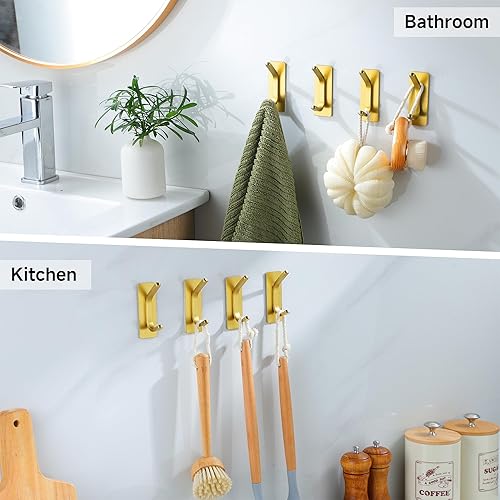 Miniatura 5 de Taozun Ganchos adhesivos  Ganchos de toalla de oro cepillado, acero inoxidable para pegar en la pared, ganchos para colgar esponjas de bata en baño