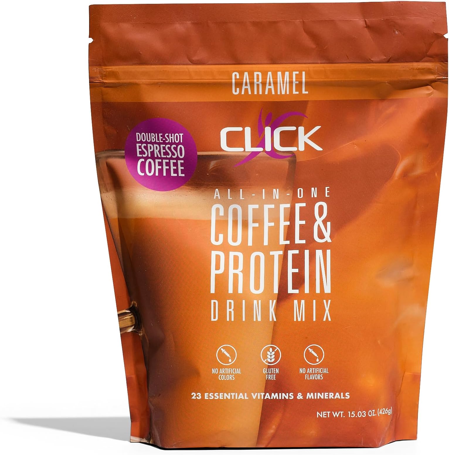 Click Coffee Protein, Protein & Real Coffee All-in-One, Meal Replacement Nutrition Drink, Caramel Flavor, 23 Essential Vitamins, Double Shot Espresso Coffee, Hot or Cold, 14.91-Ounce