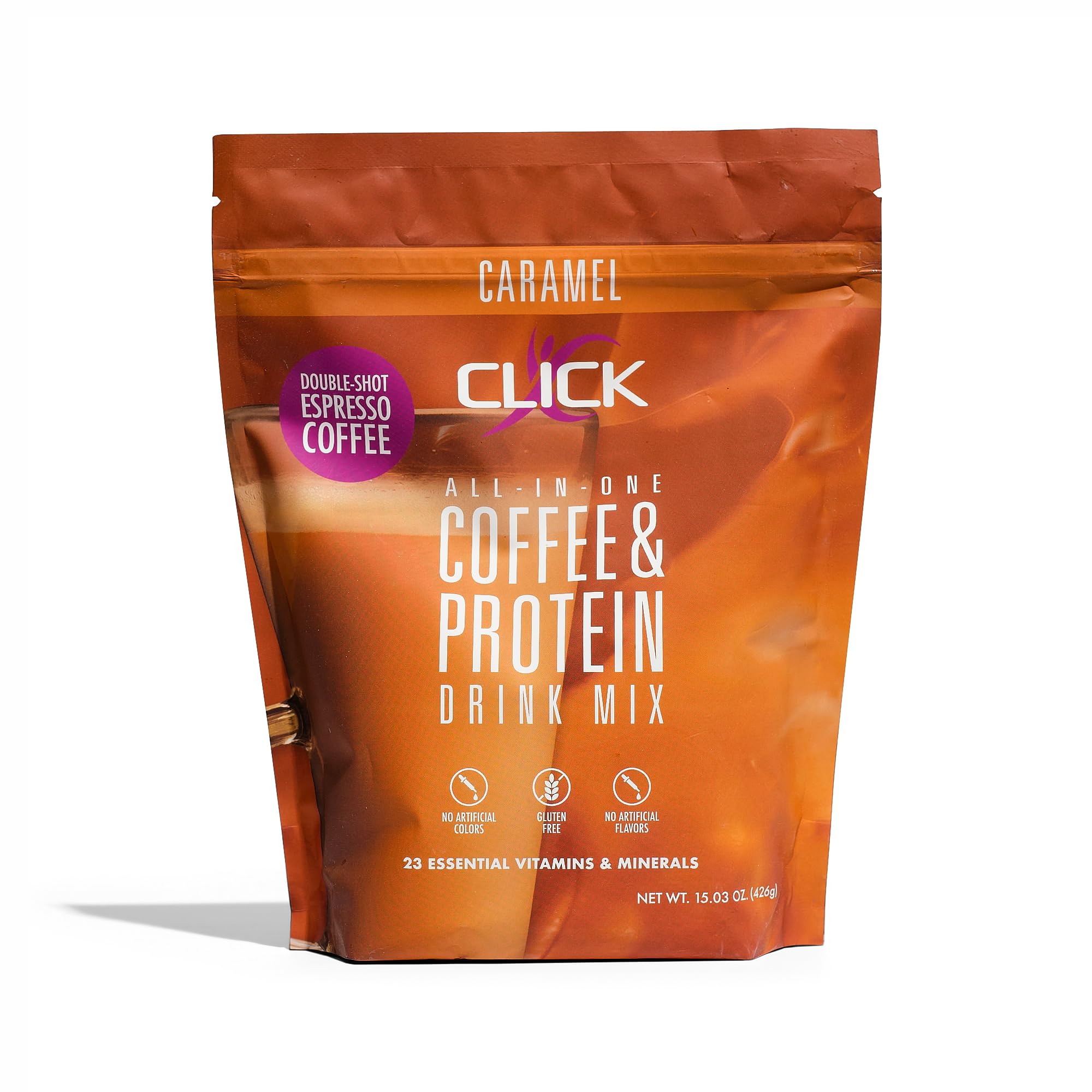 Click Coffee Protein Powder | Double Shot Espresso | 16g Protein | 23 Essential Vitamins | Low Calorie Meal Replacement | 150mg Caffeine | Gluten Free | No Artificial Flavors or Colors | Caramel