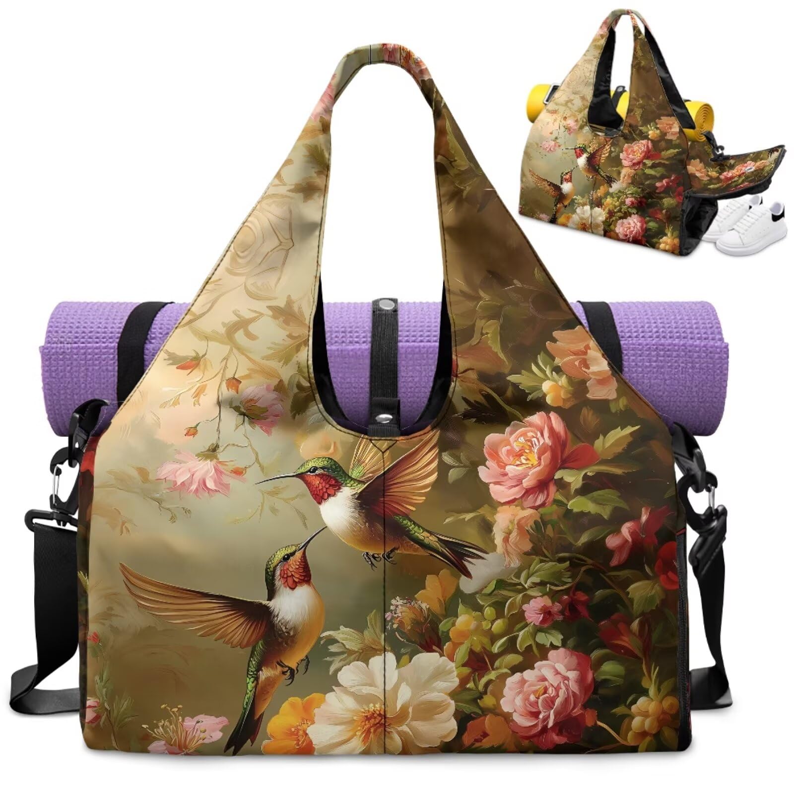 Dngkaoje Retro Hummingbird Yoga Tote Bag for Women,Gym Bag with Shoe Compartment and Yoga Mat Strap Shoulder Bags Large Travel Gym Bags for Thick Exercise Yoga Mats Carrier Yoga Accessories