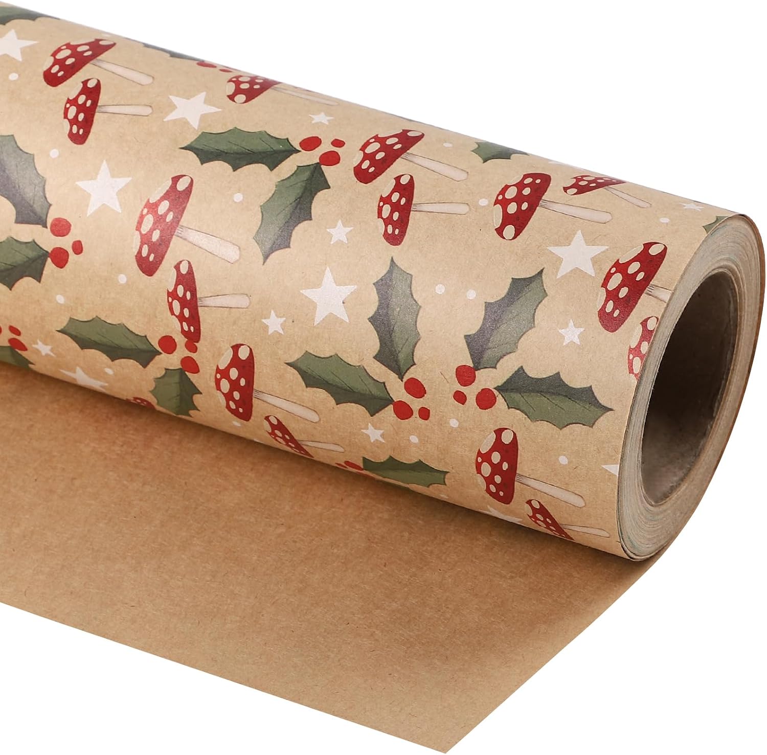 WRAPAHOLIC Kraft Christmas Wrapping Paper - Mini Roll - 17 Inch x 33 Feet - Holly and Mushrooms Wrapping Paper for Christmas, Holiday, Party Celebration
