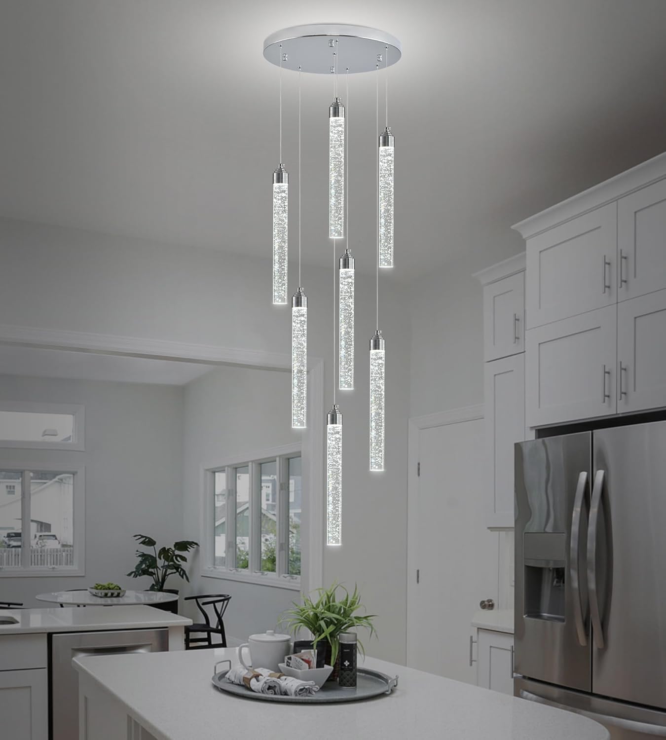 Crystal Staircase Chandelier, Modern Chrome Spiral Dimmable LED Cluster Raindrop Foyer Chandelier Lighting, Bubble Living Room Hanging Light Fixture 7 Light Remote Control