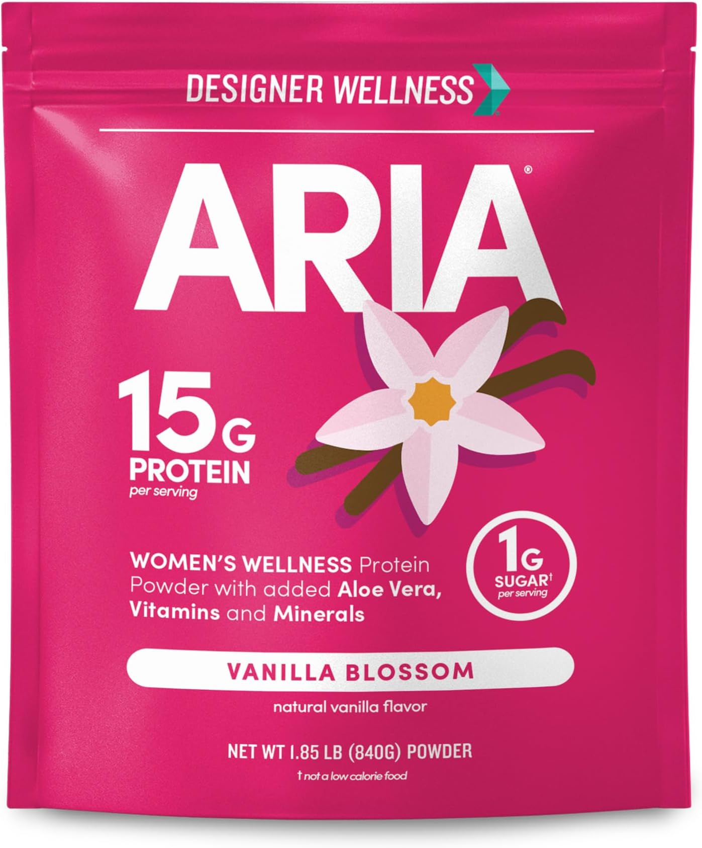 Designer Wellness, Aria, Women's Wellness Low Calorie Vanilla Protein Powder with Biotin, Vitamin C and Organic Aloe, Vanilla Blossom, 1.85 Pound