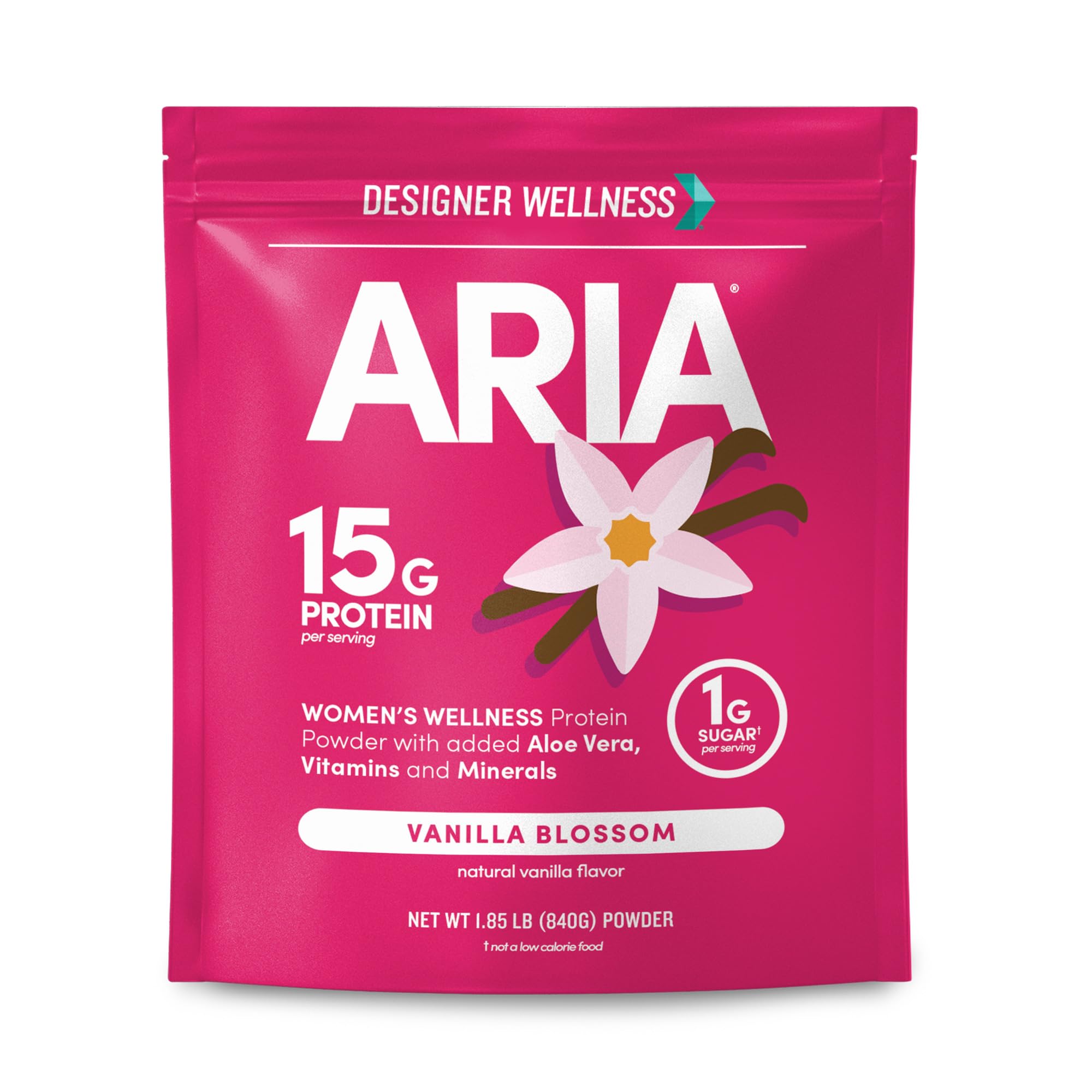 Designer Wellness, Aria, Women's Wellness Low Calorie Vanilla Protein Powder with Biotin, Vitamin C and Organic Aloe, Vanilla Blossom, 1.85 Pound