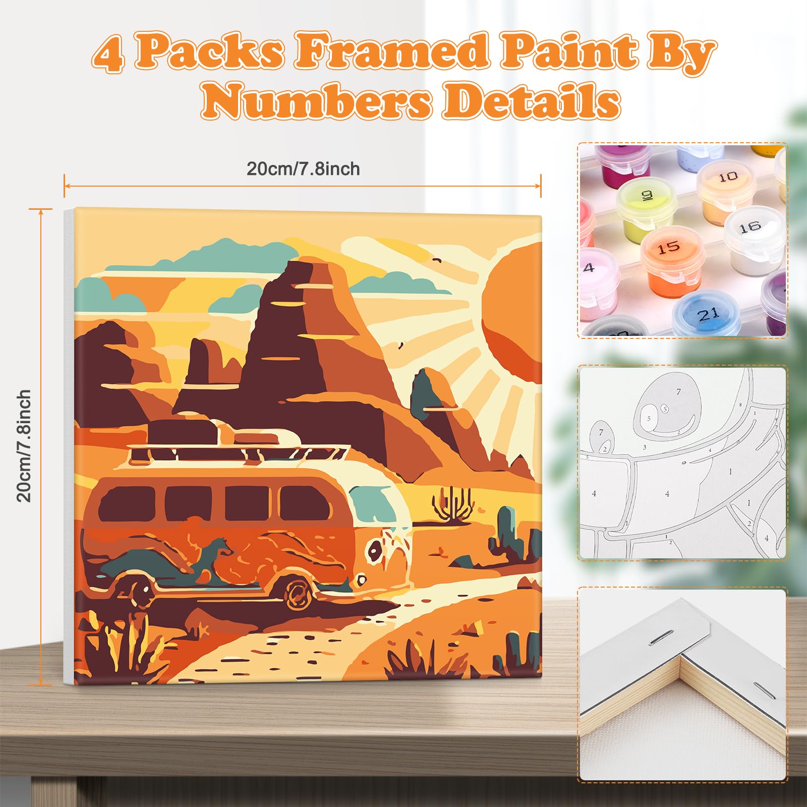 Jawecci Dipingi Con I Numeri Per Adulti - Kit Paesaggio Tramonto Con Cornice 20x20cm - Tela Su Telaio, Pennelli E Colori Inclusi - 3