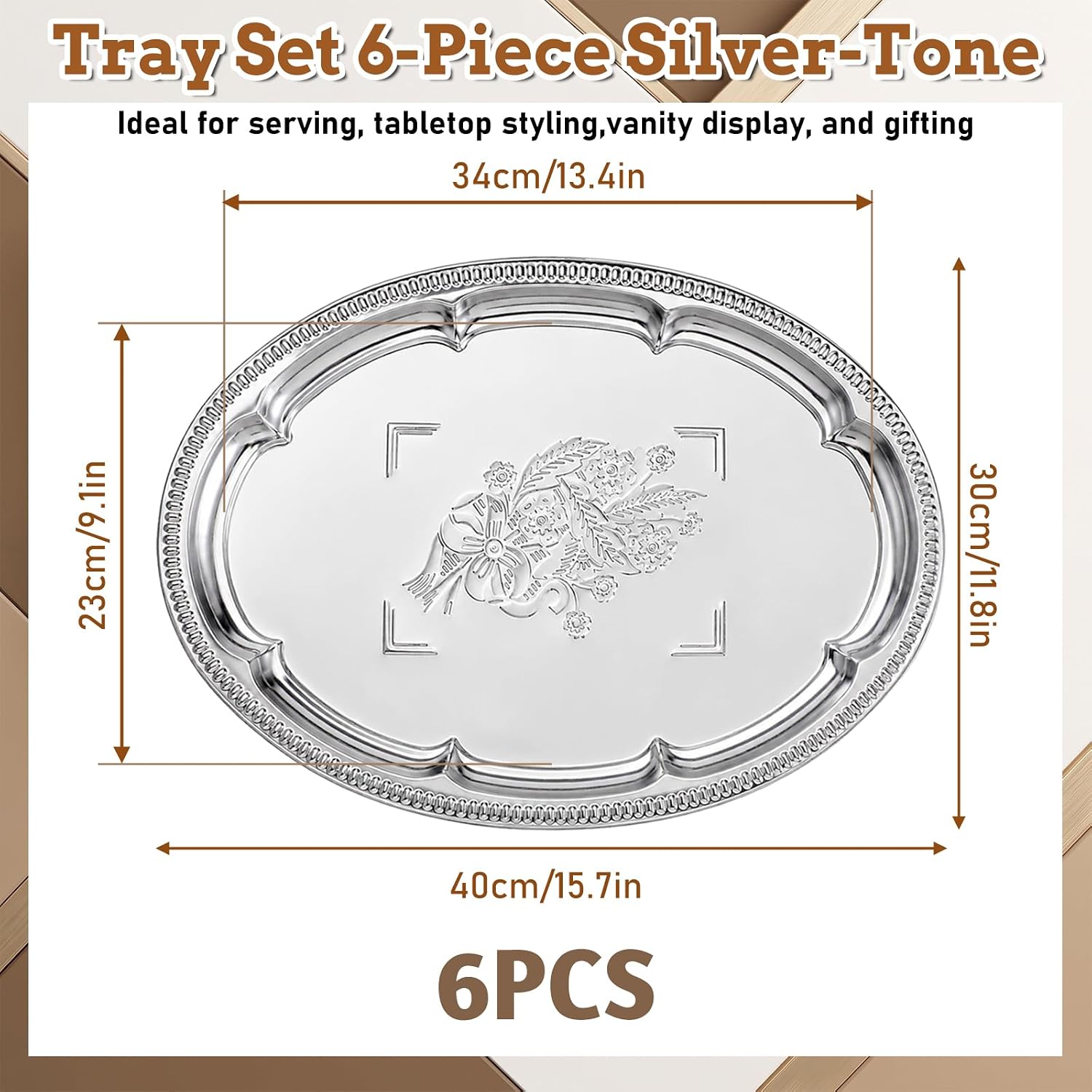 6 Pcs Large Silver Serving Trays, 15.7x11.8 Inch Floral Engraved Oval Tray