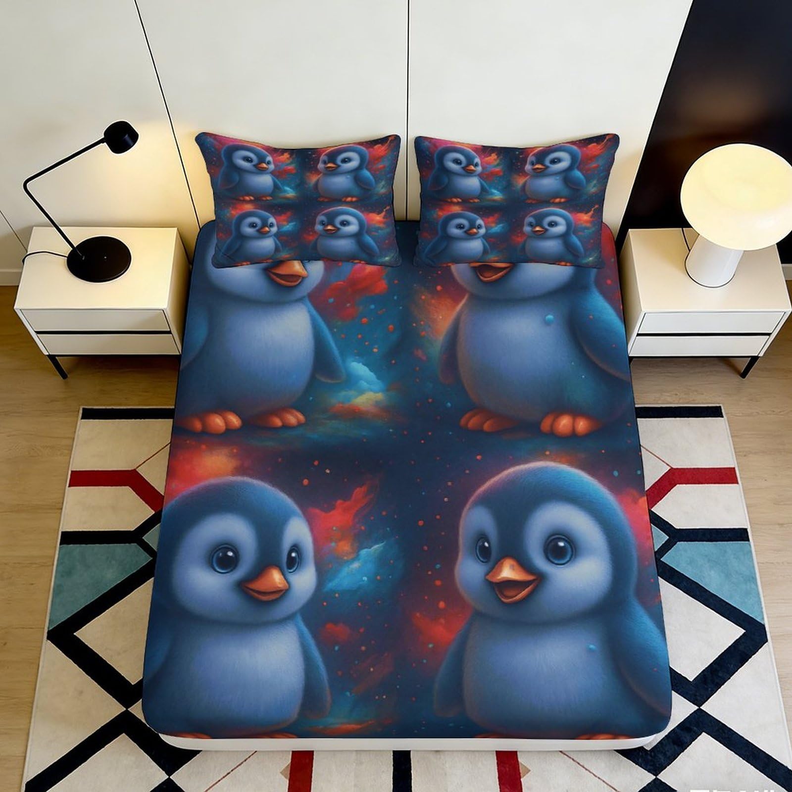 3D Printed Cute Penguin Fitted Sheet Microfiber Soft Breathable Space Galaxy Bed Cover for Bedroom Dormitory Guest Room Mattress Protection 180x200x25cm