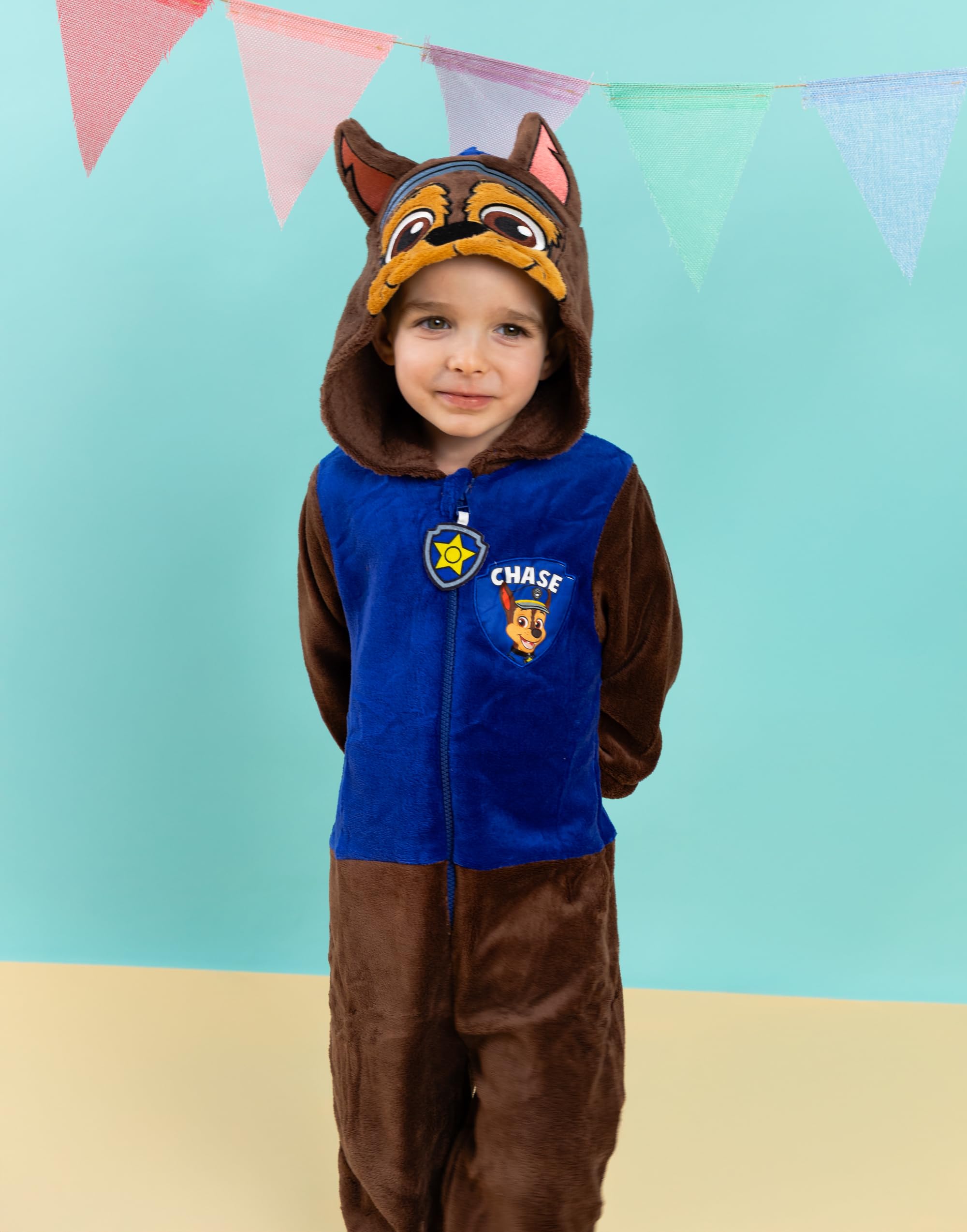 Paw Patrol Chase Grenouillère pour Garçons & Filles | Pyjama Tout-en-Un pour Enfants en Bleu & Marron | Combinaison de Nuit Unisexe avec Capuche Brodée et Oreilles 3D