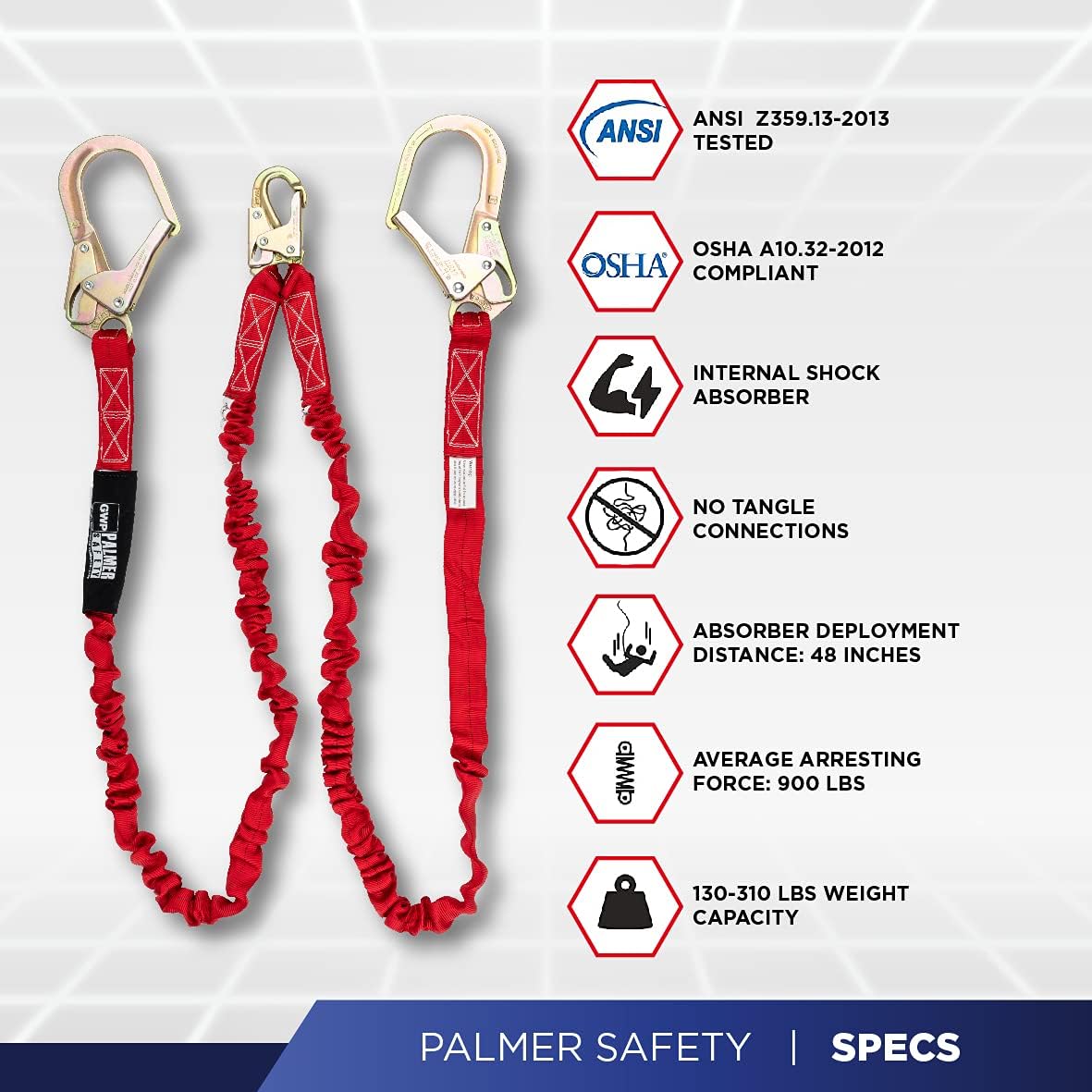 Palmer Safety L122233 6 FT Double Legs Safety Lanyard Internal Shock Absorber w/Dual Pelican Rebars I OSHA/ANSI Compliant Restraint Lanyards I Ideal Use for Arborist, Roofer & Construction Workers