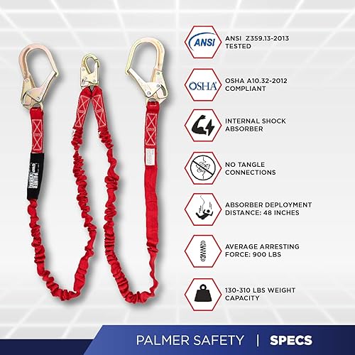 Vista 3 de Palmer Safety L122233 Cordón de Seguridad de Doble Patas de 6 Pies con Amortiguador de Impacto Interno con Conectores Dobles Pelican I Cordones