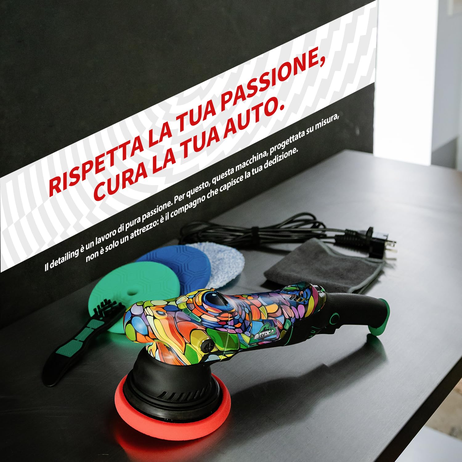 BATOCA P1 Lucidatrice per Auto Rotorbitale 1000W - Lucidatrice Eccentrica DA 125mm, Orbita 15mm, 6 Velocità 2500-5500 RPM, Cavo Rimovibile 5m per Lucidatura, Ceratura e Rimozione Graffi Auto e Moto