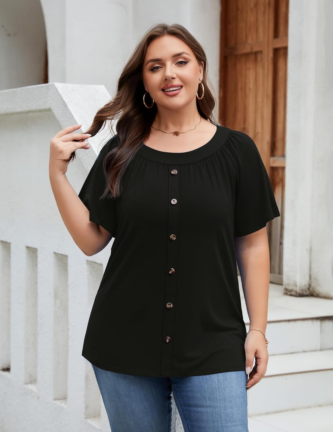 AKEWEI Womens Plus Size Tops 2026 Summer Short Sleeve Pleated Shirts Crew Neck Casual Loose Blouses Tunic XL-5XL - Image 5