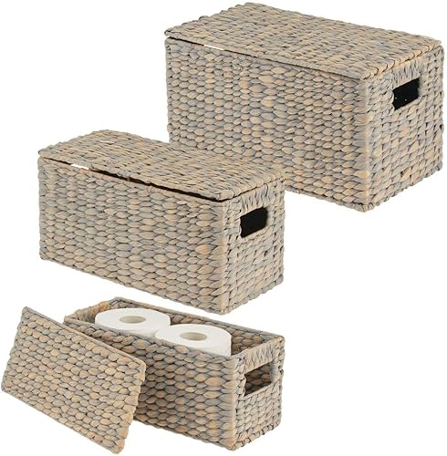 mDesign Woven Water Hyacinth Rectangle Storage Organizer Basket Bin with Topper Lid and Handles - Natural Farmhouse Holder Containers for Closet,