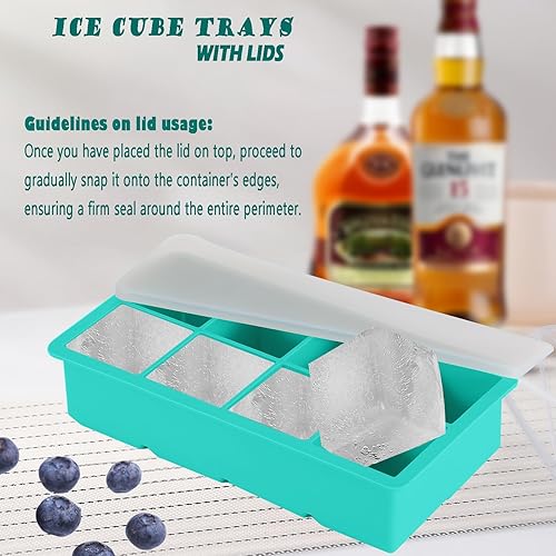 Miniatura 5 de NueZoo Bandeja grande para cubitos de hielo, paquete de 4 moldes de silicona para cubitos de hielo con tapa, 2 pulgadas, cuadrada, 8 cubos de hielo