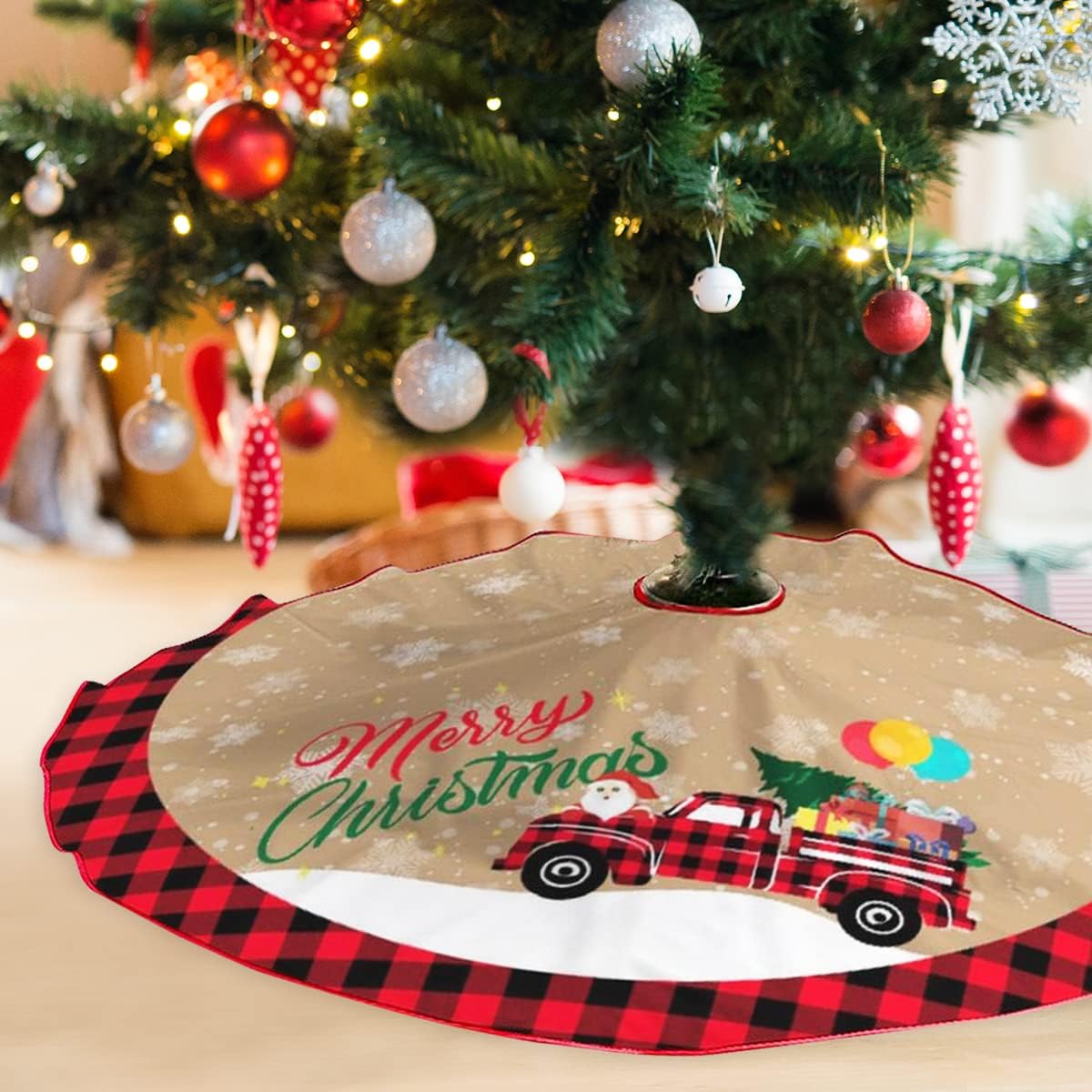 48 Inches Christmas Tree Skirt Red and Black Buffalo Plaid Xmas Tree Skirts with Red Truck Snowflake Santa Claus Design, Rustic Christmas Tree Mat Ornaments for Xmas Holiday Party Decoration