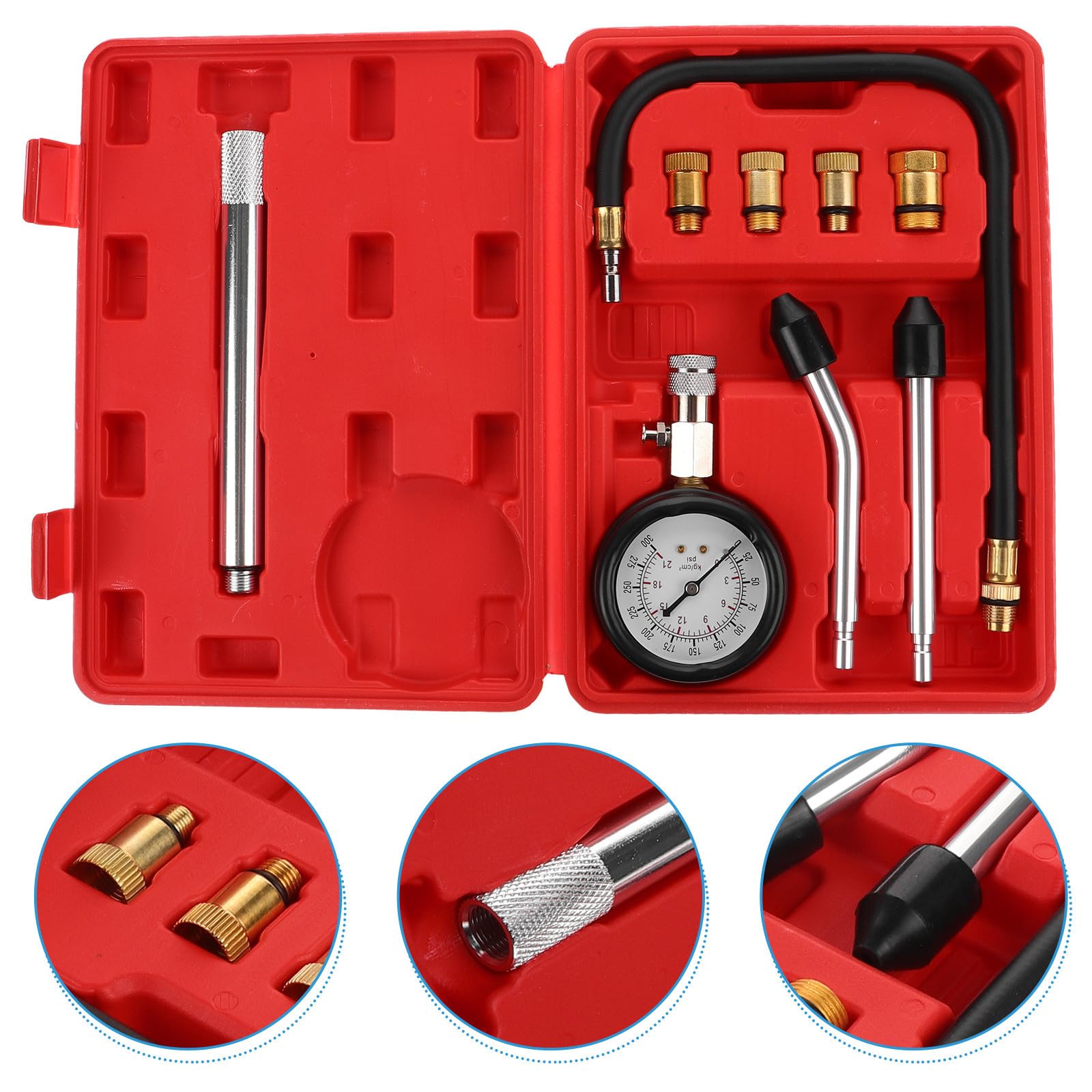 Kit de Prueba de Compresión para Coches y Motocicletas, Medidor de Compresión del Motor en Aleación de Aluminio y Plástico para Mantenimiento y Reparaciones