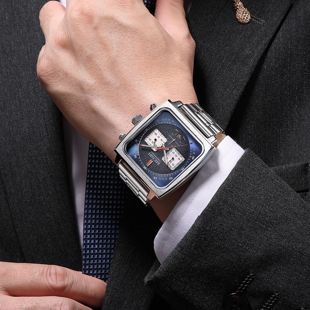 MEGIR Herren Rechteck Business Arbeit Analog Quarz Chronograph Leuchtende Sport Armbanduhr mit Leder/Edelstahl Armband 2182G, silber, blau, Geschäftsarbeit