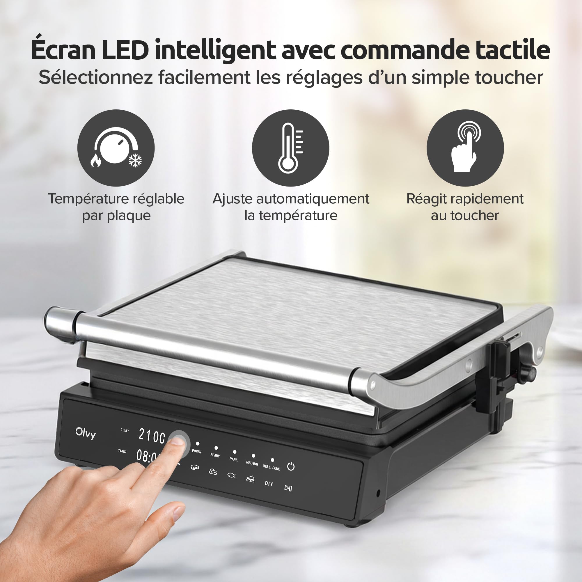 Olvy Grill de Contact 2000W Écran Tactile Sans PFAS 5 Programmes Automatiques Ouverture 180° Plaques Amovibles Antiadhésives Thermostat Minuteur Panini Croque Monsieur Steak