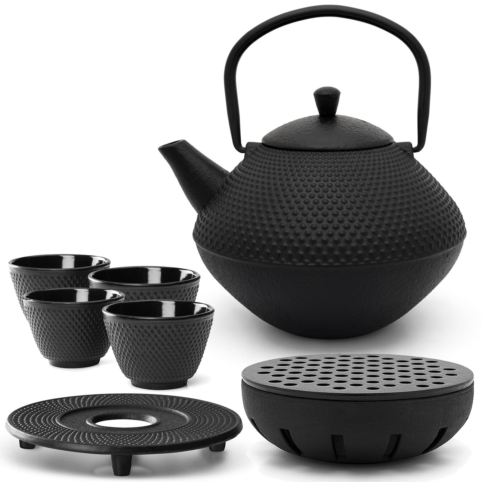 Bredemeijer Teekanne Set Gusseisen 1.0 Liter - mit Edelstahl Tee-Filter Sieb-Einsatz - 4 Teebecher (Tassen) Untersetzer & Stövchen - traditionelles 7-teiliges Teeset für losen Tee