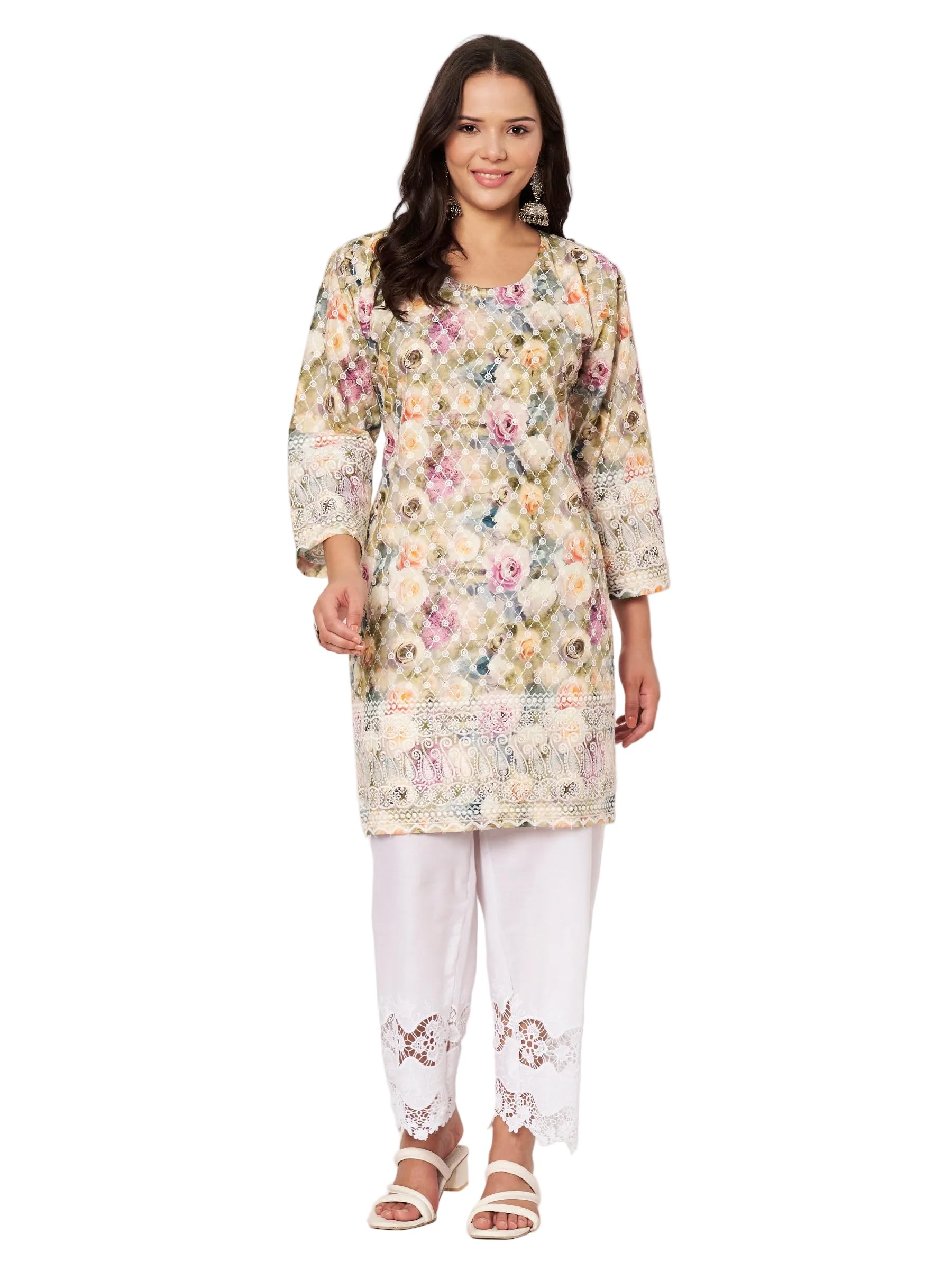 Women's Embroidered Co-ord Set With White Embroidered Palazzo & Round Neck Collar-image-32