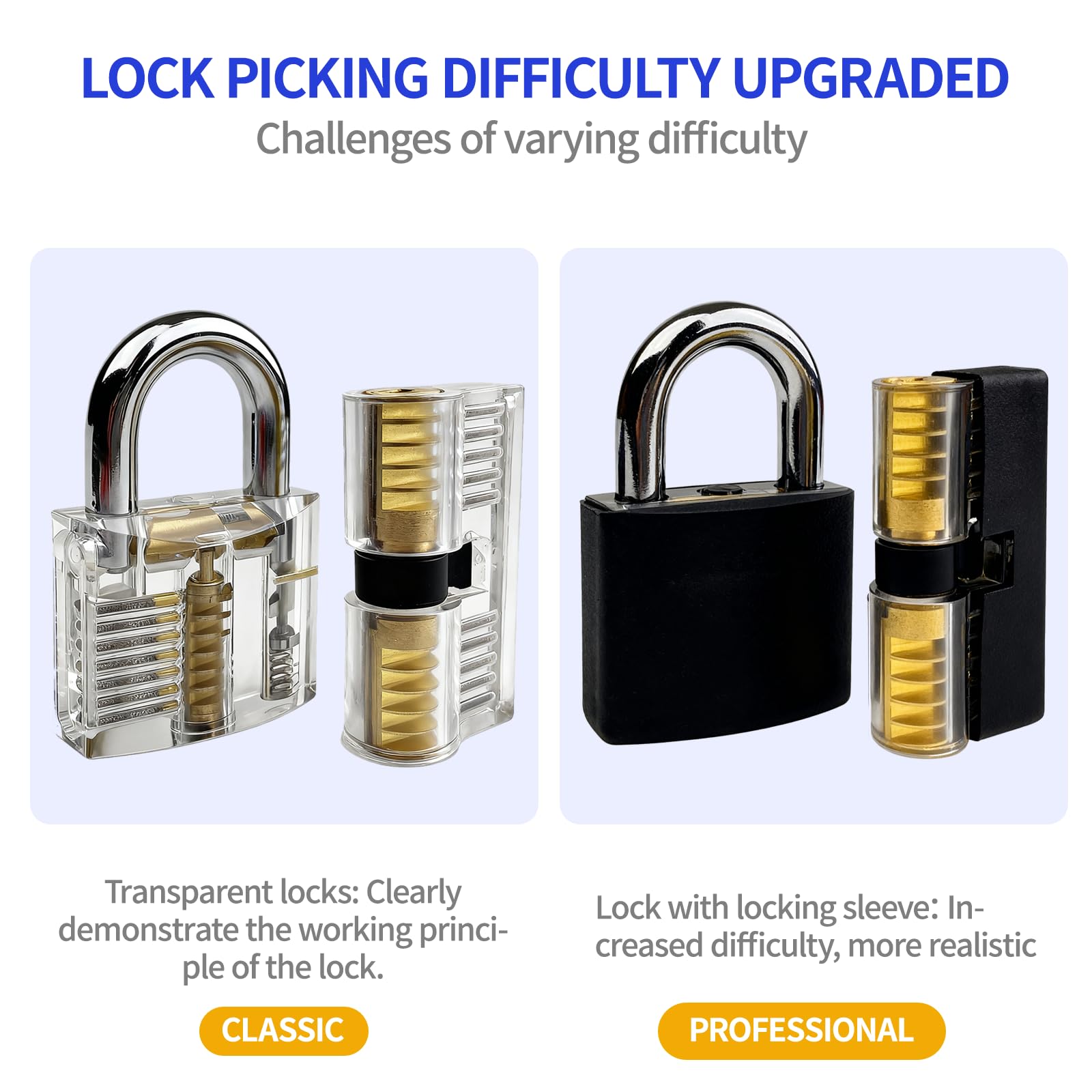 Juego de Ganzúas 17piezas con 2 Cerraduras de Transparente Cuatro llaves, dos estuches de cuero negro y un manual de instrucciones detallado, Lockpicking Set para Principiantes y Cerrajeros