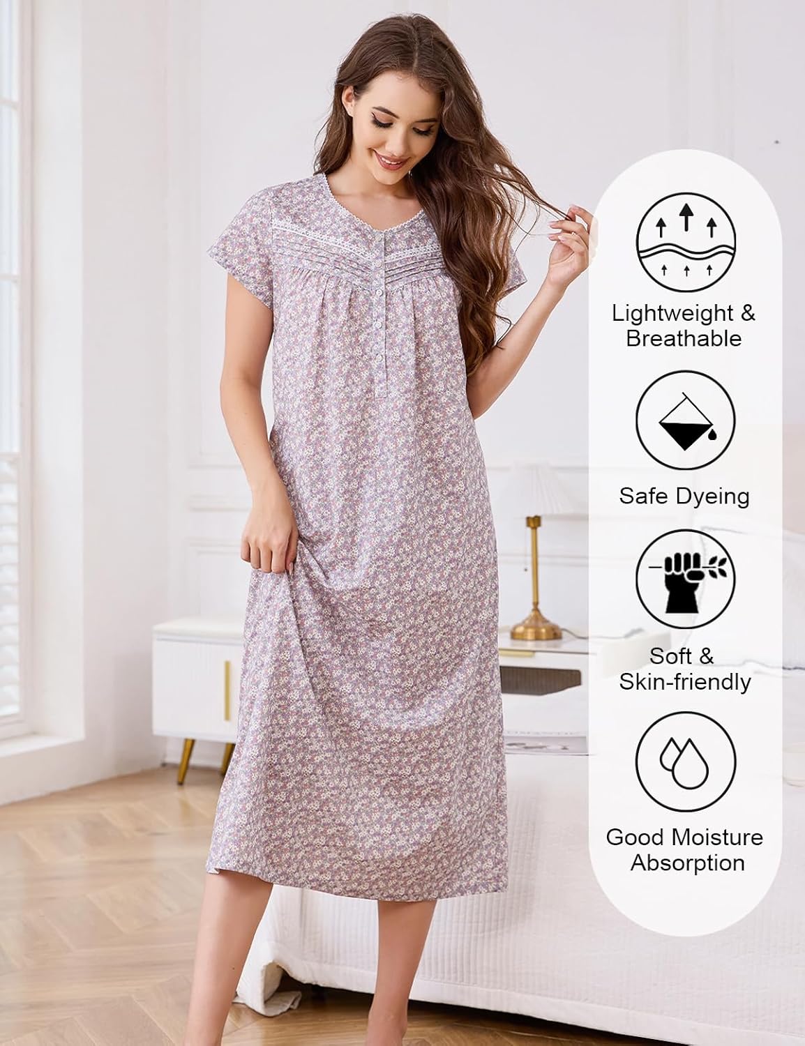 IZZY + TOBY Cotton Nightgowns for Women Long Lightweight Short Sleeves Ladies Soft Nightdress Pajamas - Image 4