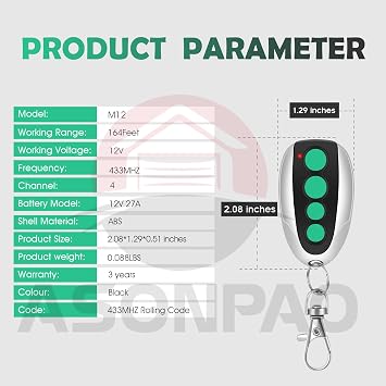ASONPAO 3-Pack for M12 Topens Swing Sliding Gate Opener Remote