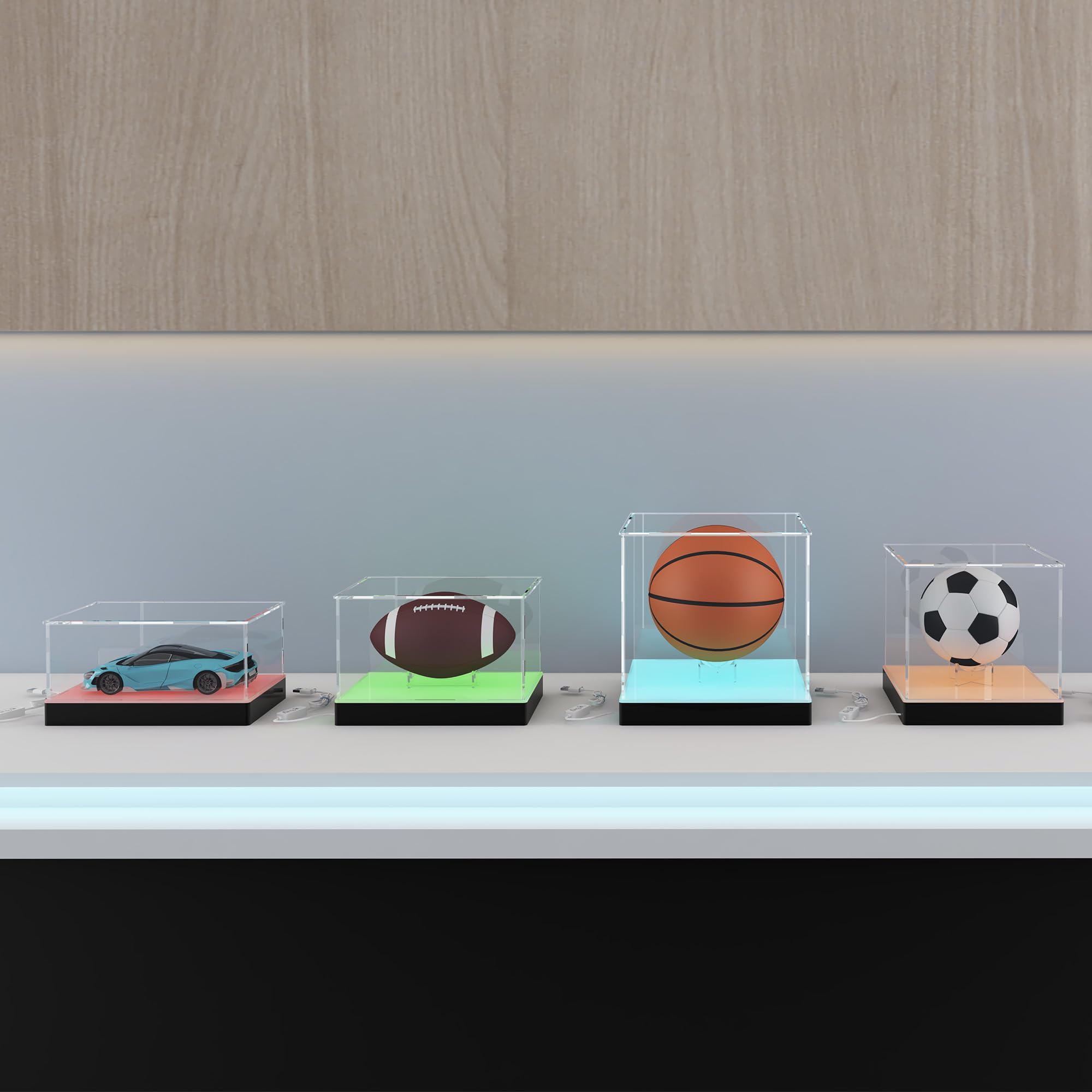 Vitrina acrílica con base de iluminación LED RGB USB, controlada por aplicación y llave, caja de exhibición transparente para libros, medallas, sellos y tarjetas, 30 x 30 x 10 cm